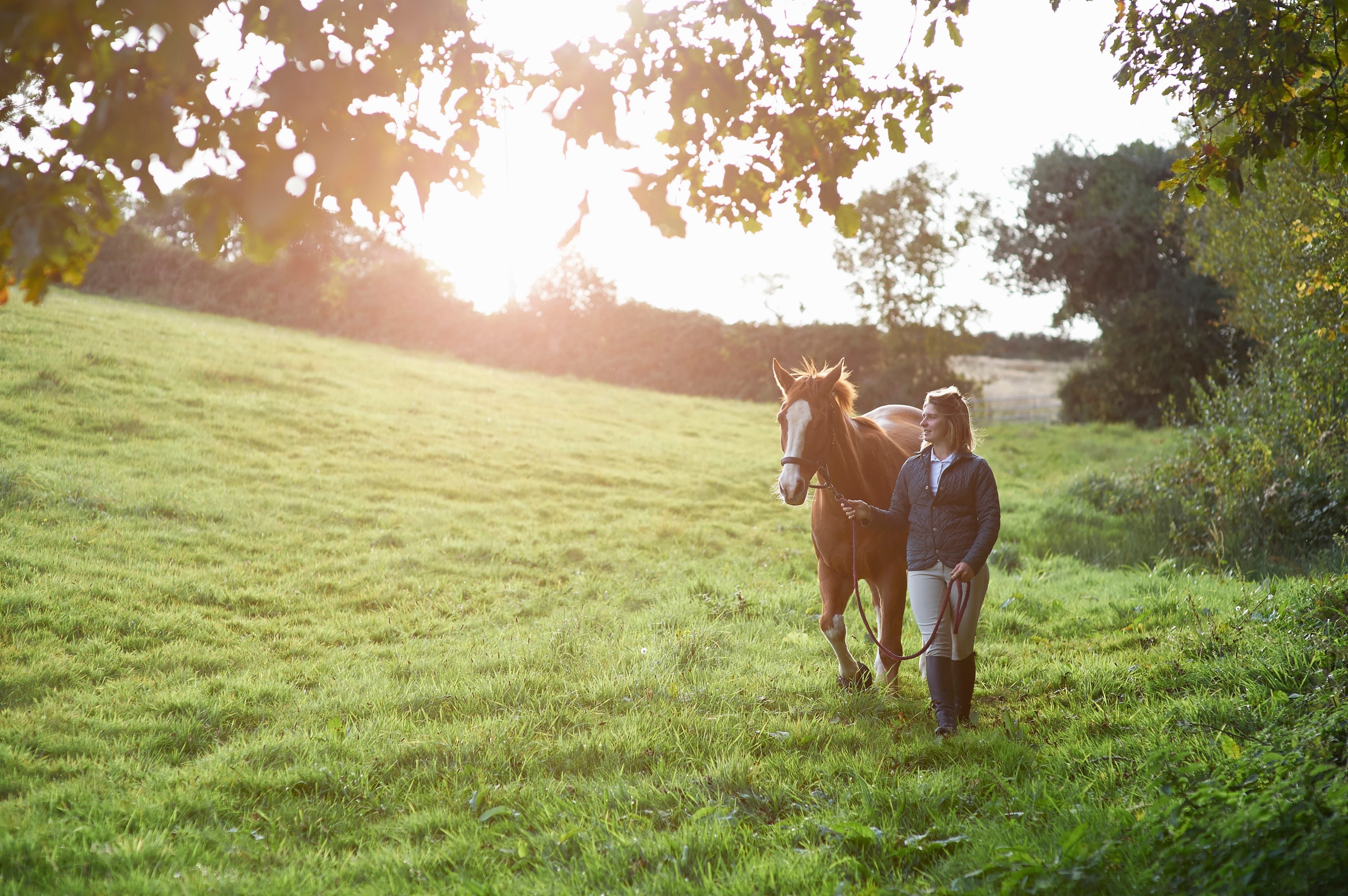 a lady walking her horse in a green field
